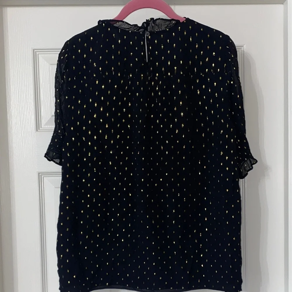 J. Crew Black Blouse with Metallic Gold Dot Pattern. Size Large